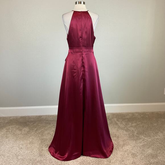 Alex Evenings Wine Red Satin Evening Gown Size 10 A-Line Halter Formal Dress - Picture 5 of 13